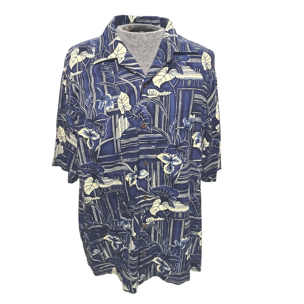 Vintage TOMMY BAHAMA 100% Silk Hawaiian Shirt Blue Tropical Floral Men's L EUC